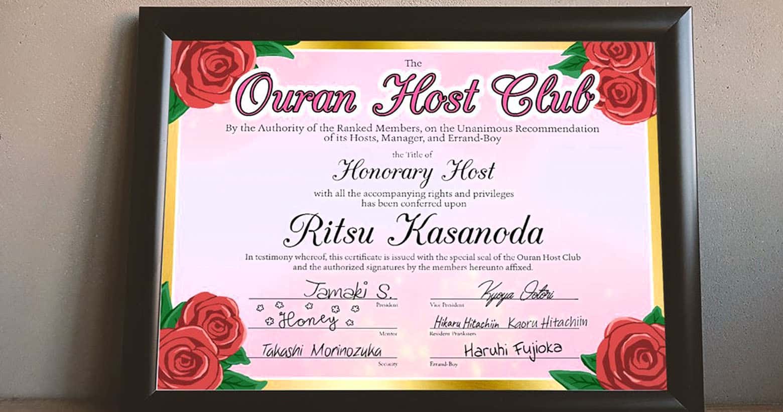 Ouran High School Host Club Honorary Host Certificate