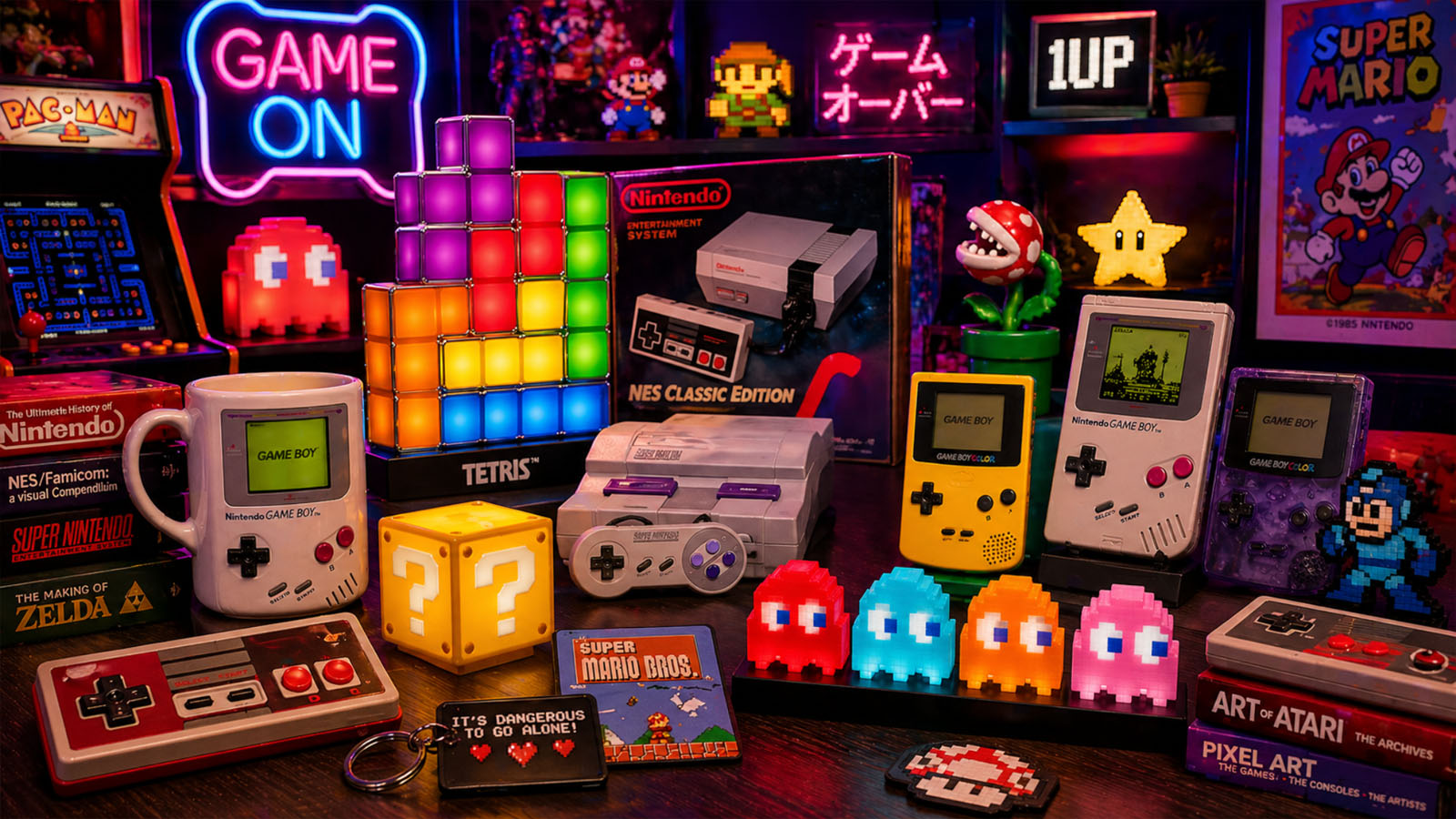 Retro gaming gifts collection featuring Game Boy mug, Tetris lamp, mini consoles, Pac-Man lights, and nostalgic gaming decor in a neon gaming room.