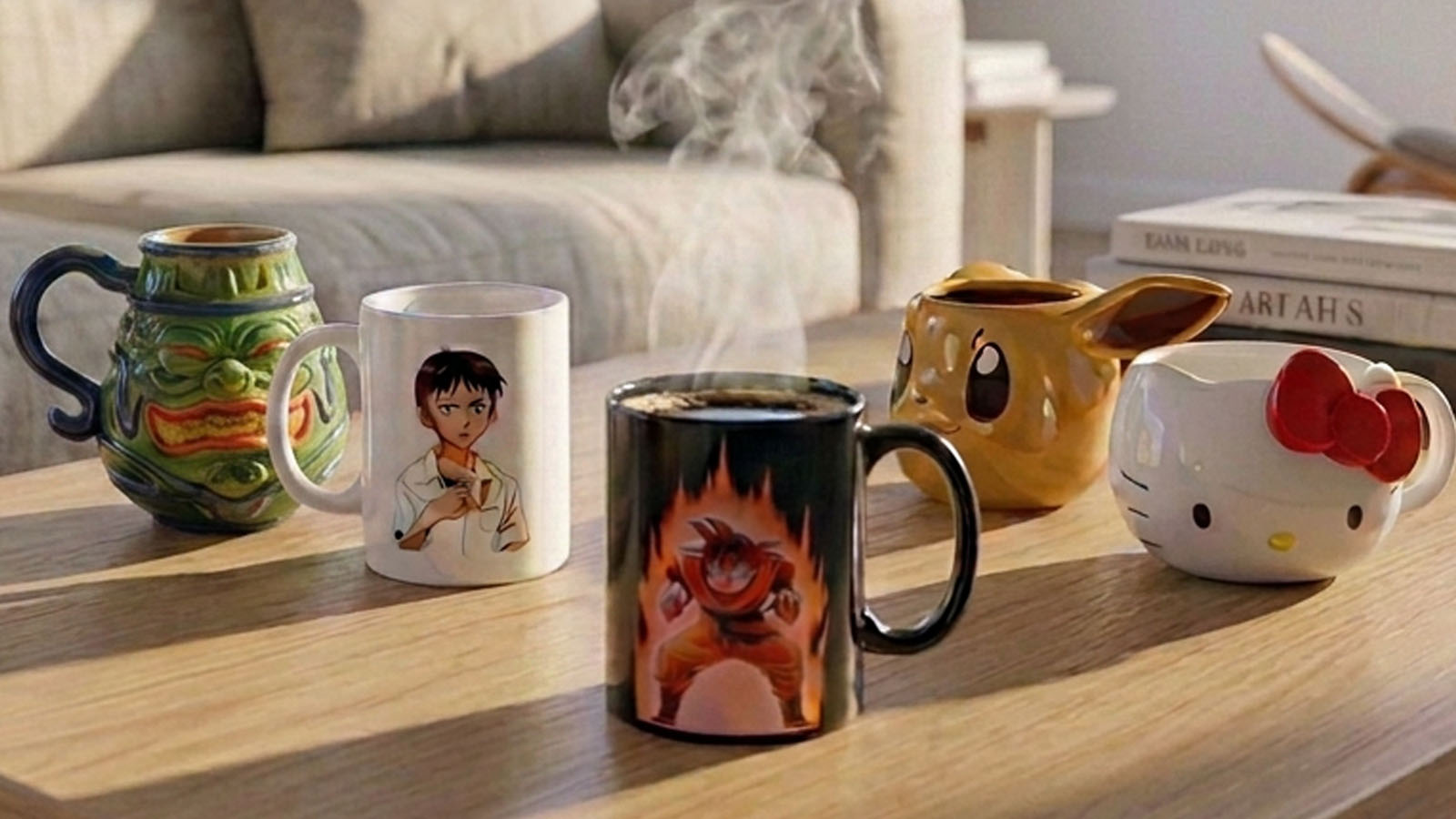 Best anime mugs including Dragon Ball Z, Pokémon, Hello Kitty, One Piece, Yu-Gi-Oh!, and Neon Genesis Evangelion displayed on a coffee table.